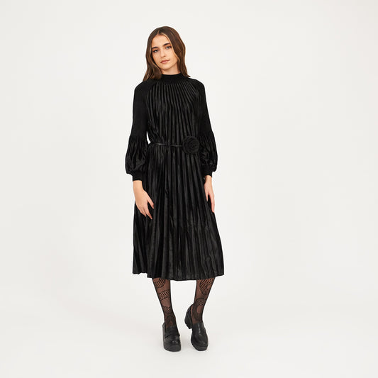 Bespoke Penumbra Black Pleated Midi Dress- One Size