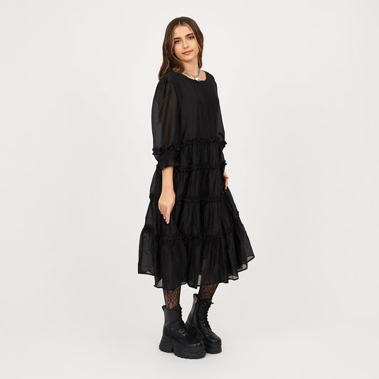 Bespoke Lissome Black Tiered Midi Dress- One Size
