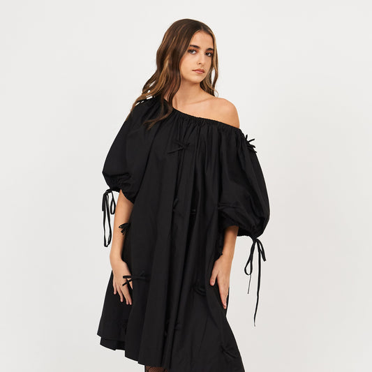 Bespoke Lullabite Puff Sleeve Black Bow Dress- One Size